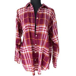 LOFT Burgundy Plaid Long‎ Sleeve Button Up Shirt Womens Medium Cotton Cozy Layer